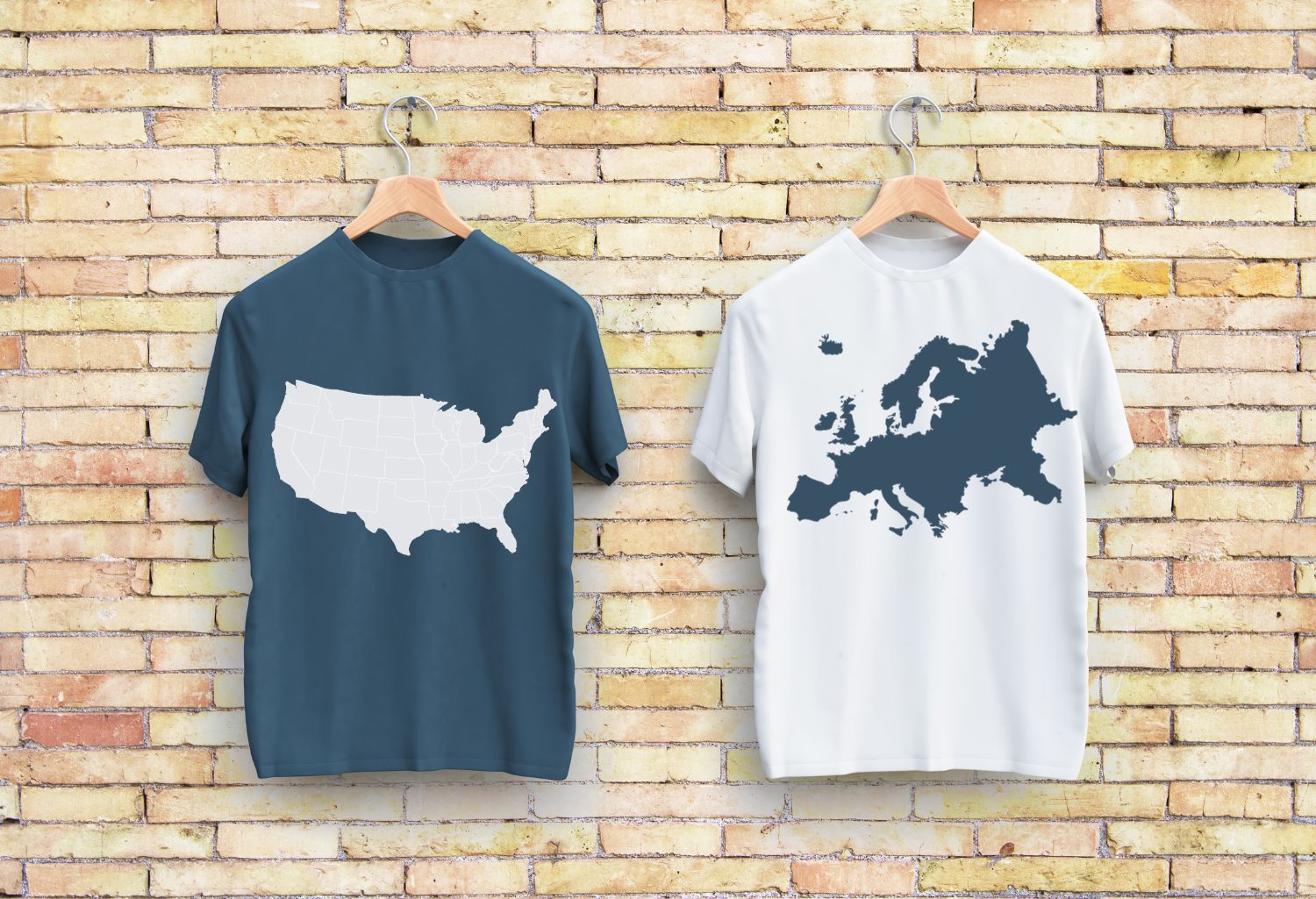 International Textiles Apparel Distribution: A shirt with spain on it next to a shirt with the US on it hanging on a brick wall.